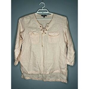 Company Ellen Tracy Womens Linen Tunic Top Light Pink Long Tab Sleeve Pockets